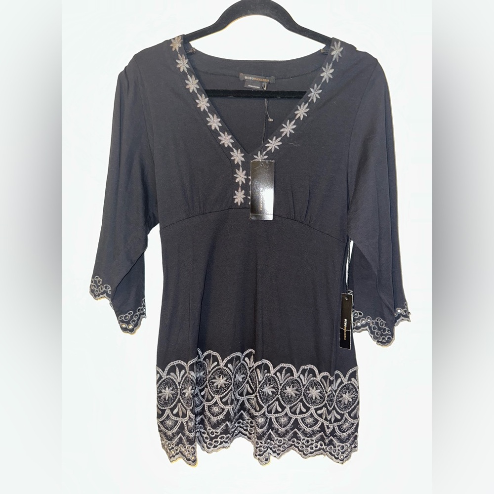 BCBGMaxAzria Black Tunic with Cream Floral Embroidery